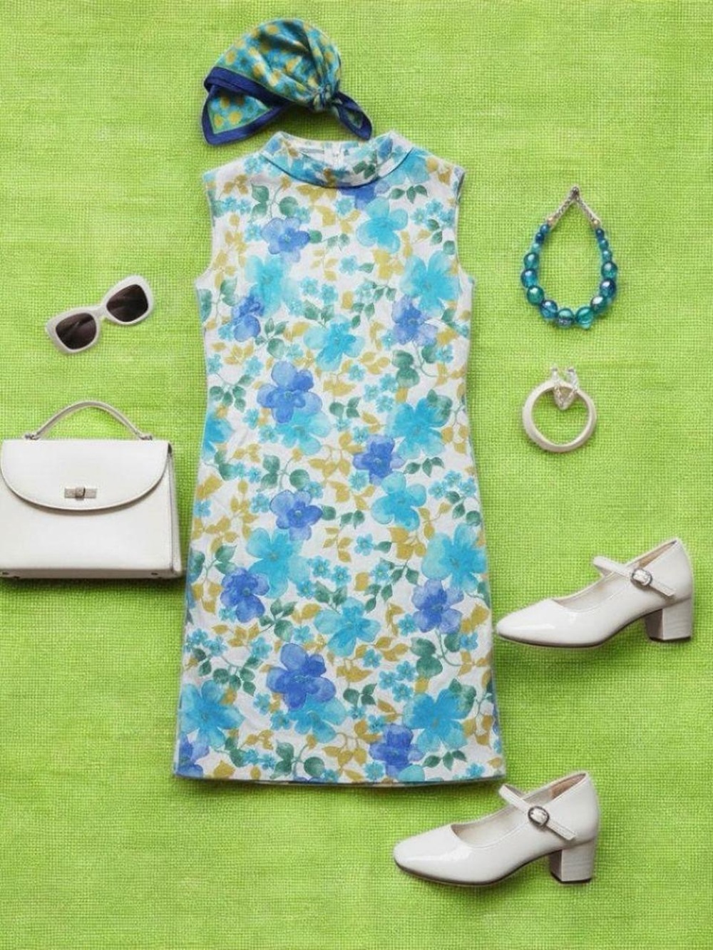 Floral Sleeveless A-Line Dress in Blue & Green